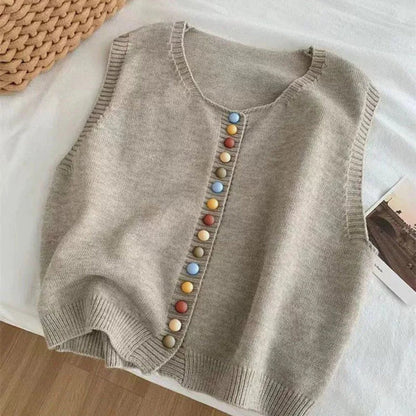 Sleeveless Knit Vest with Colorful Button Detail - Close-Up Texture & Detail | Lavisa