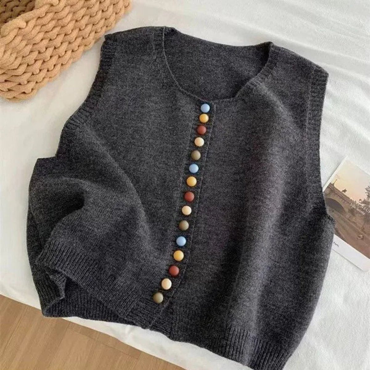 Sleeveless Knit Vest with Colorful Button Detail - Sole & Material View | Lavisa