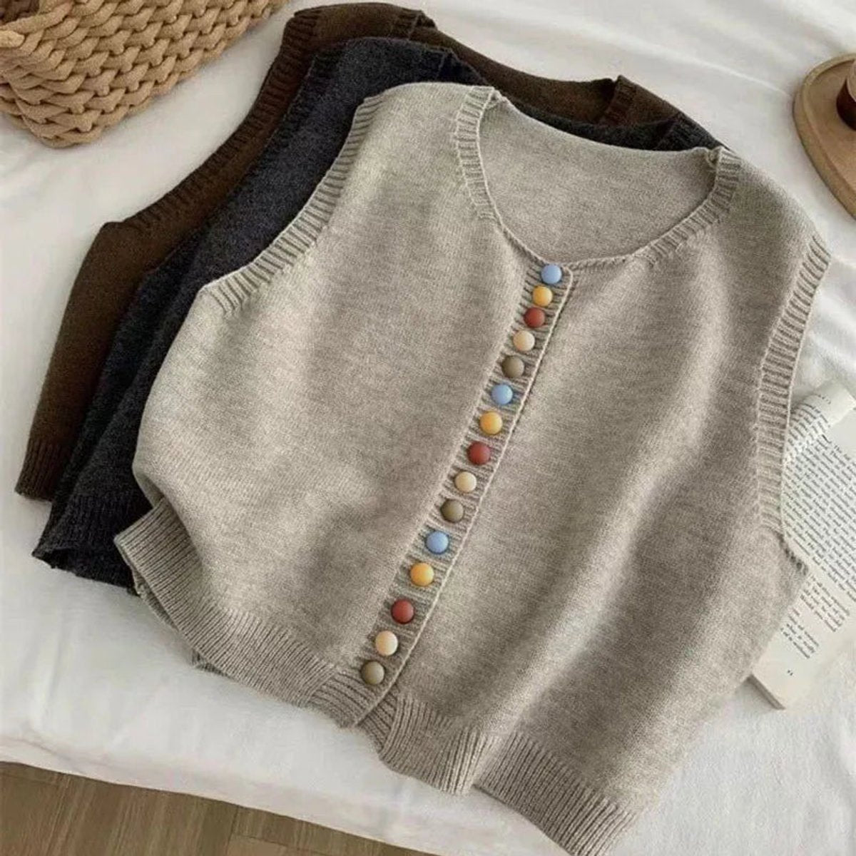 Sleeveless Knit Vest with Colorful Button Detail - Lifestyle & Model Angle | Lavisa