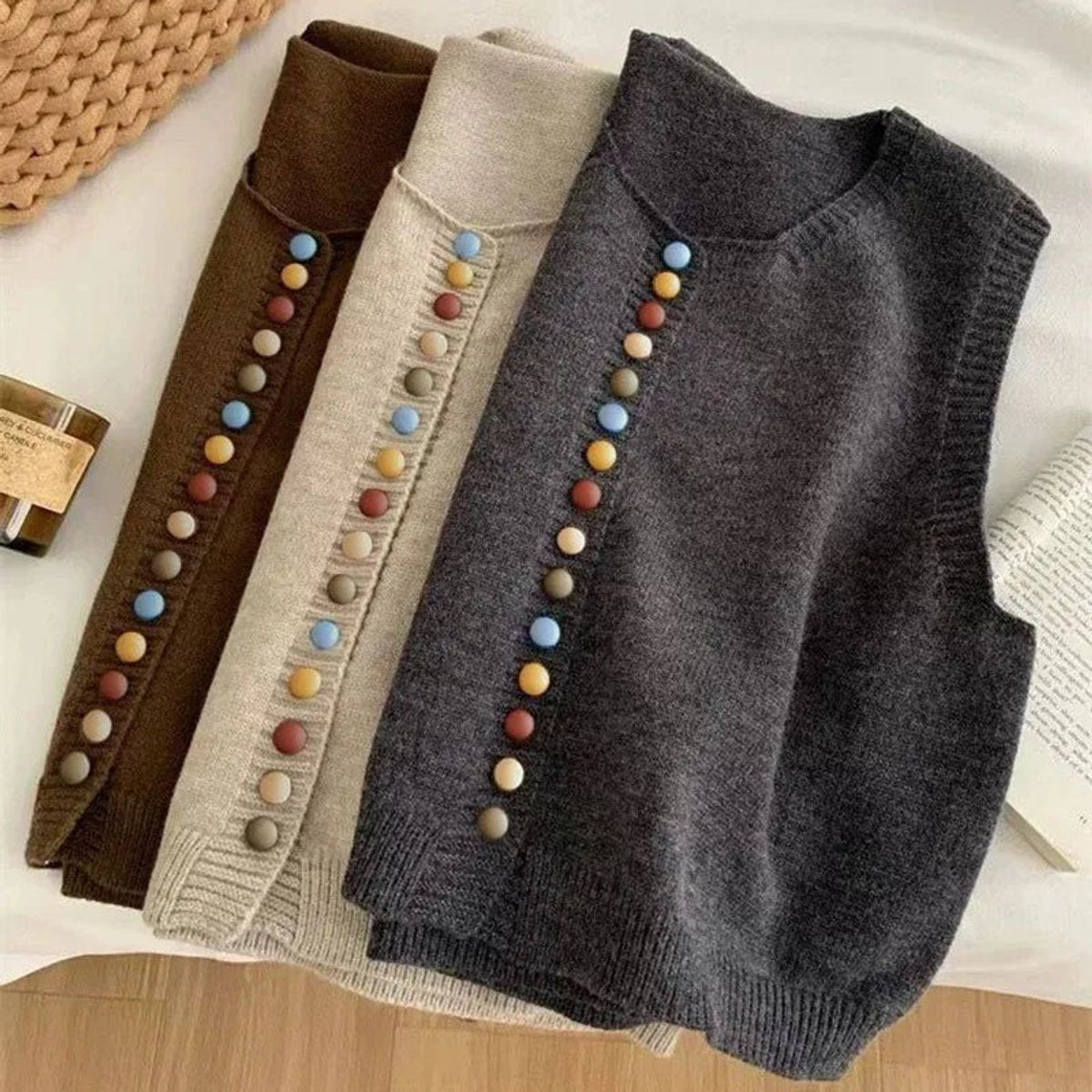 Sleeveless Knit Vest with Colorful Button Detail - Variant Angle | Lavisa
