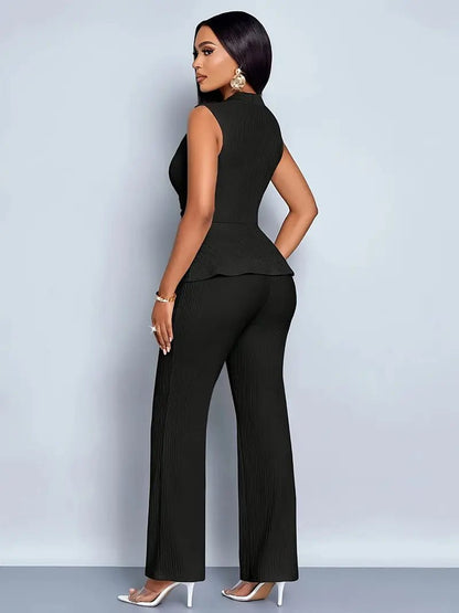 Women's Sleeveless Wrap Peplum Top Flared Trousers Two-Piece Set - Side Angle | Lavisa