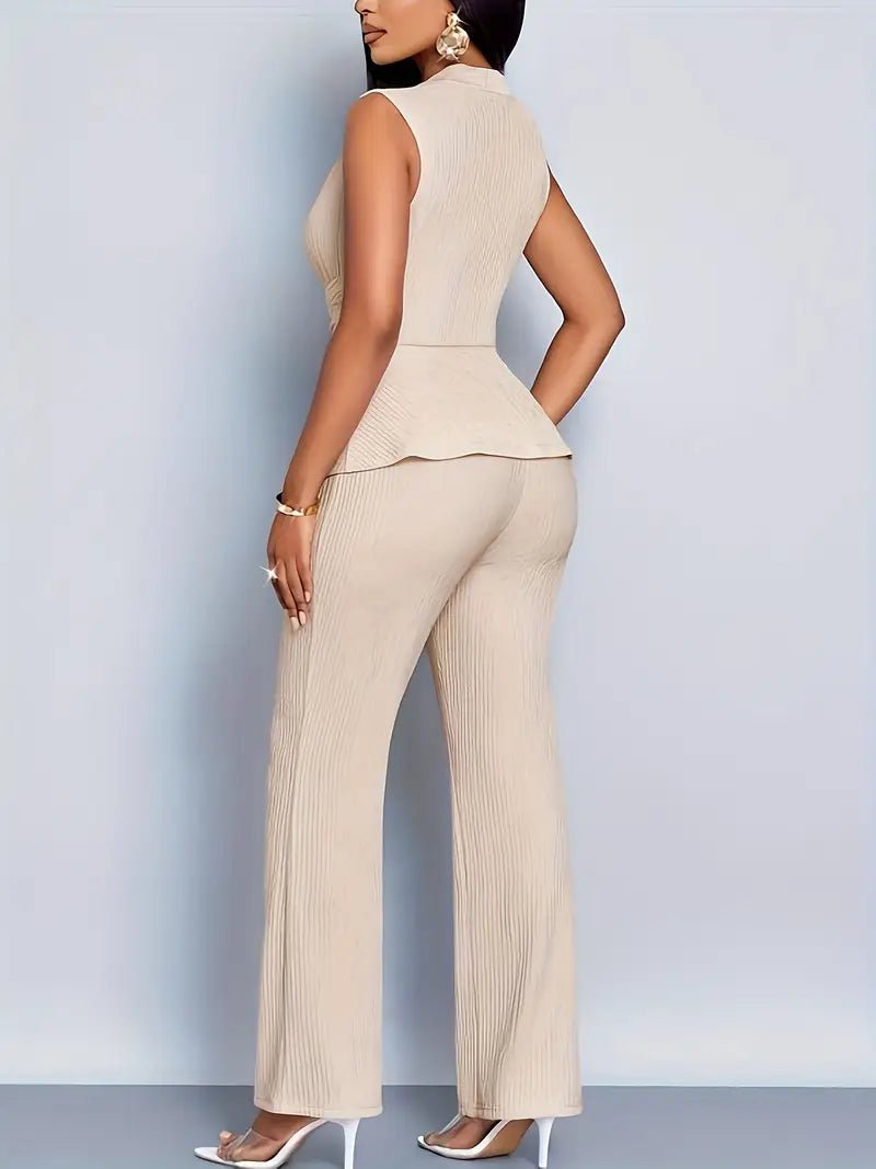 Women's Sleeveless Wrap Peplum Top Flared Trousers Two-Piece Set - Sole & Material View | Lavisa