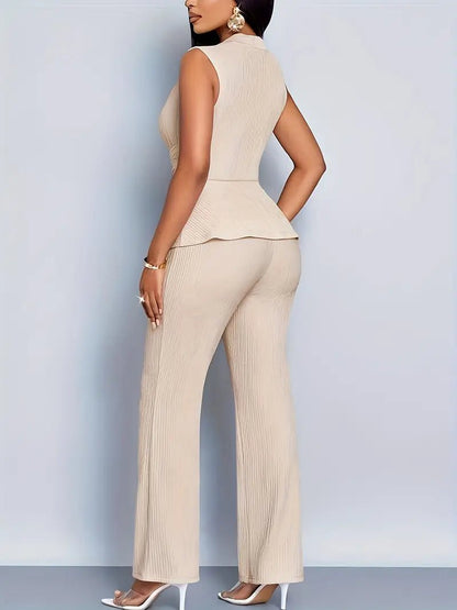 Women's Sleeveless Wrap Peplum Top Flared Trousers Two-Piece Set - Sole & Material View | Lavisa