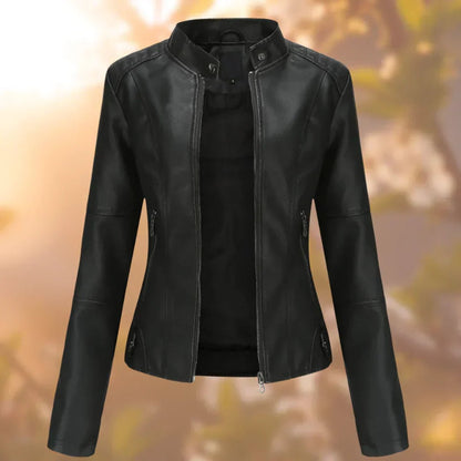 Women's Slim-Fit Zip-Up Faux Leather Jacket - Front View | Lavisa