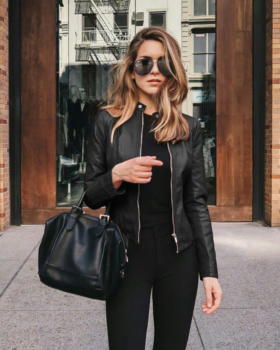Women's Slim-Fit Zip-Up Faux Leather Jacket - Side Angle | Lavisa