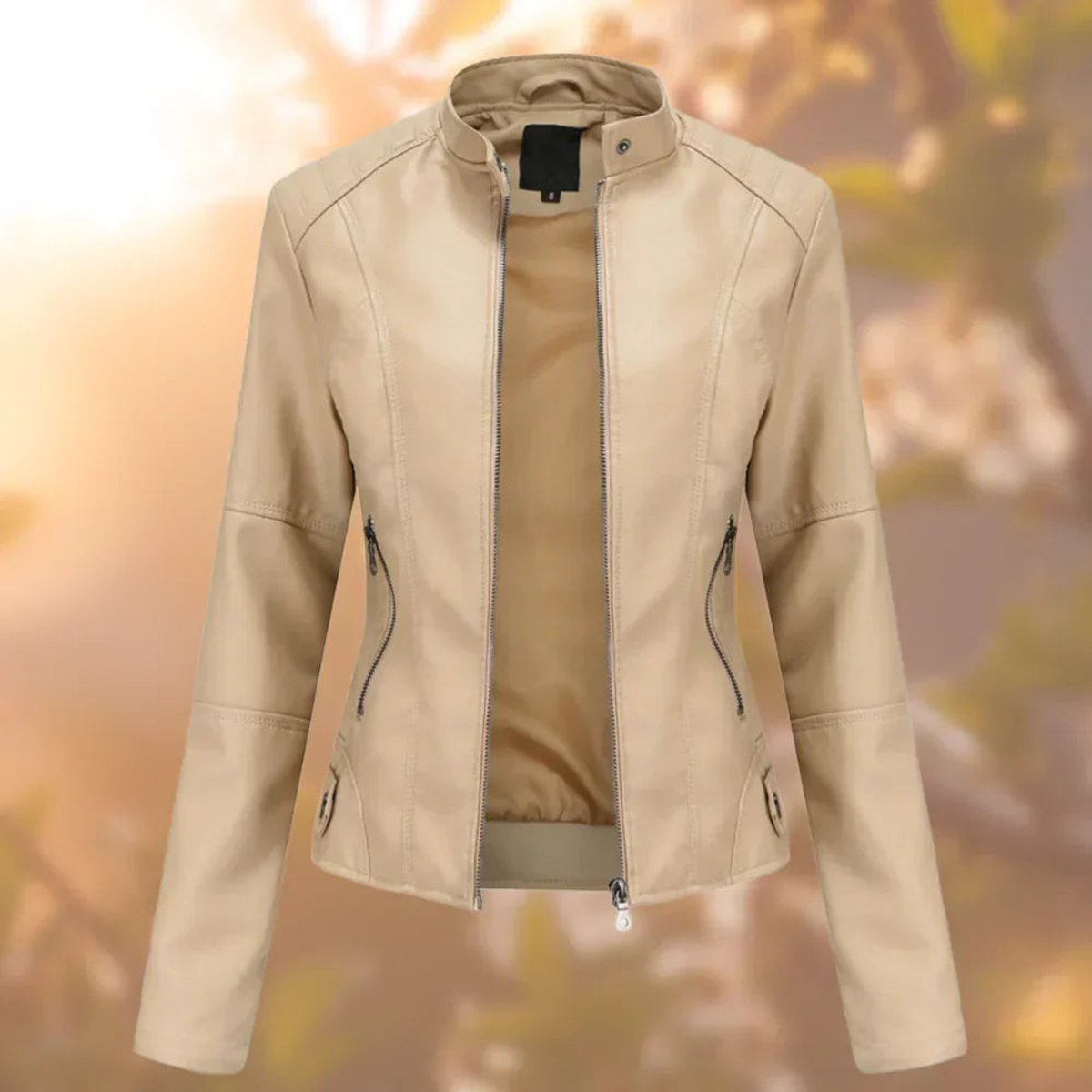 Women's Slim-Fit Zip-Up Faux Leather Jacket - Close-Up Texture & Detail | Lavisa