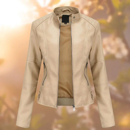 Women's Slim-Fit Zip-Up Faux Leather Jacket - Close-Up Texture & Detail | Lavisa