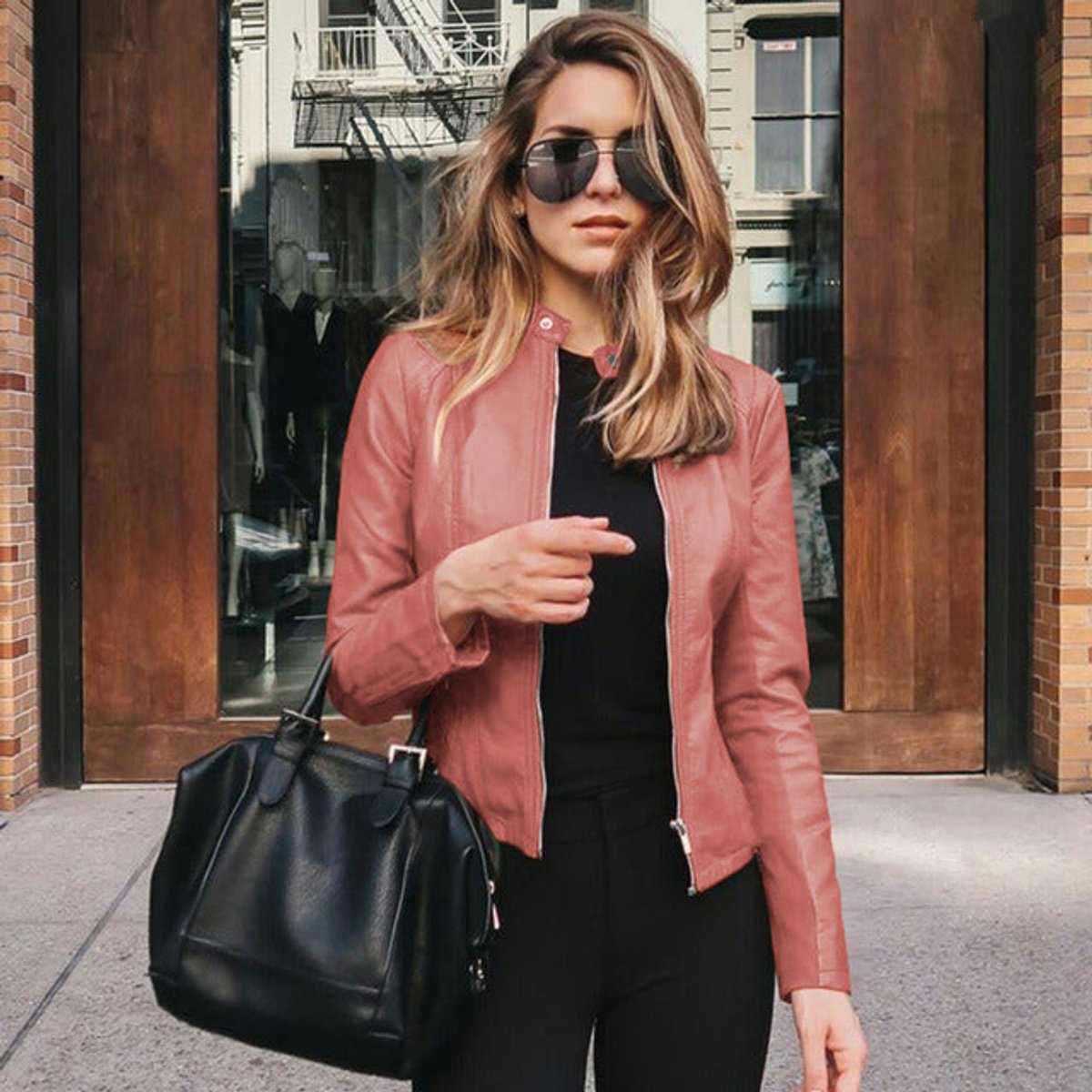 Women's Slim-Fit Zip-Up Faux Leather Jacket - Sole & Material View | Lavisa