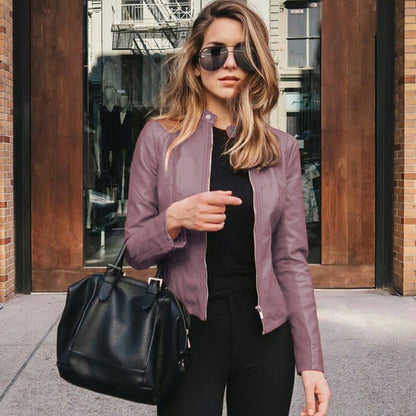 Women's Slim-Fit Zip-Up Faux Leather Jacket - Lifestyle & Model Angle | Lavisa