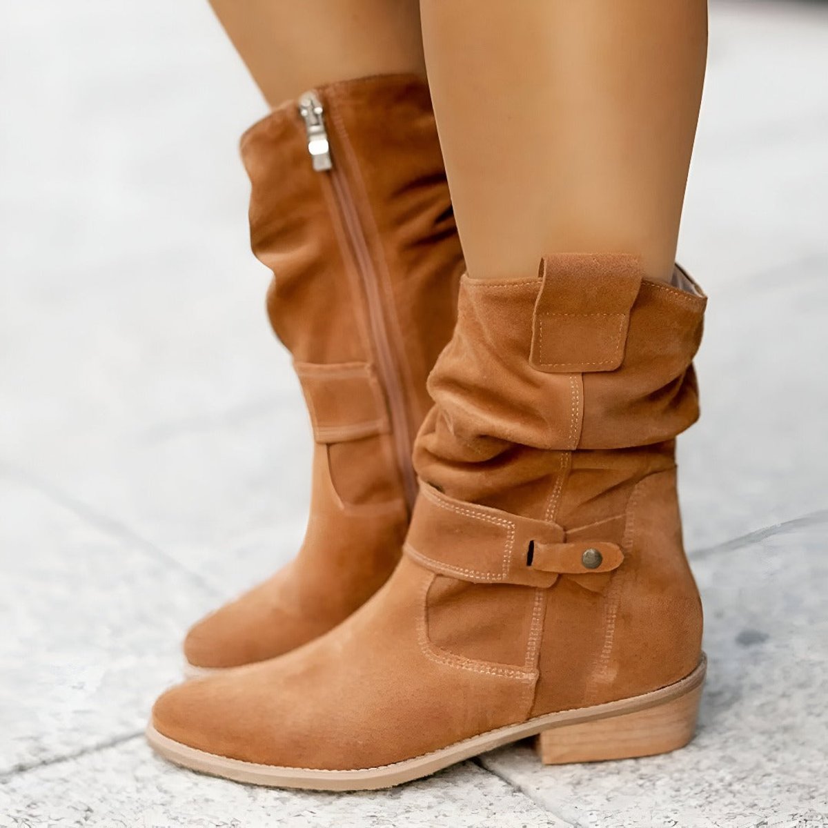 Women's Slouchy Suede Mid-Calf Knee High Boots Block Heel - Side Angle | Lavisa