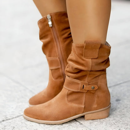 Women's Slouchy Suede Mid-Calf Knee High Boots Block Heel - Side Angle | Lavisa