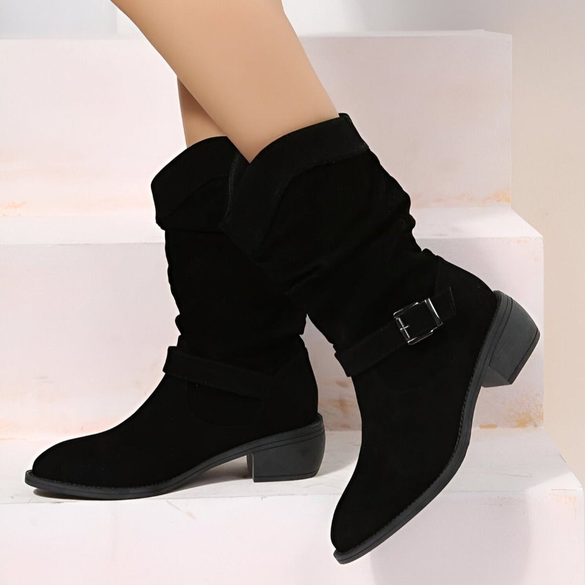 Women's Slouchy Suede Mid-Calf Knee High Boots Block Heel - Back View | Lavisa