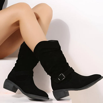 Women's Slouchy Suede Mid-Calf Knee High Boots Block Heel - Close-Up Texture & Detail | Lavisa