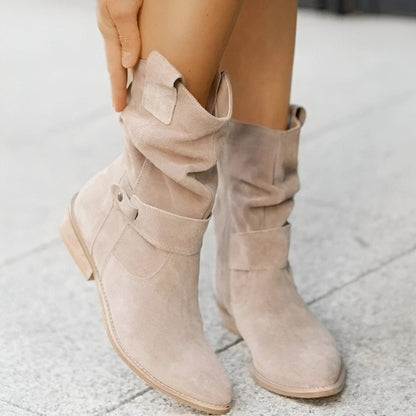Women's Slouchy Suede Mid-Calf Knee High Boots Block Heel - Lifestyle & Model Angle | Lavisa