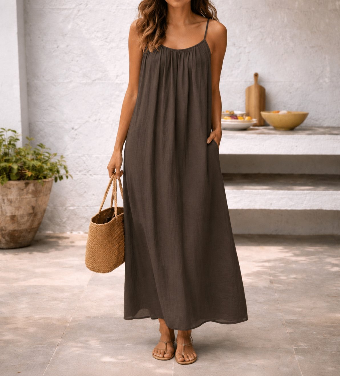Women's Spaghetti Strap Loose-Fit Linen Maxi Dress Pockets - Side Angle | Lavisa
