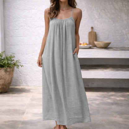 Women's Spaghetti Strap Loose-Fit Linen Maxi Dress Pockets - Variant Style 14 | Lavisa