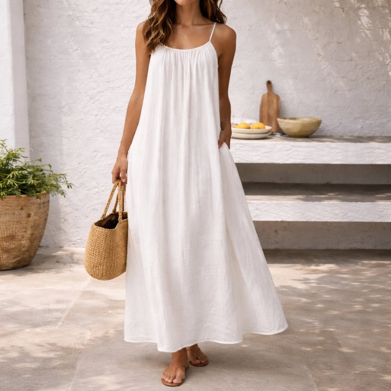 Women's Spaghetti Strap Loose-Fit Linen Maxi Dress Pockets - Back View | Lavisa