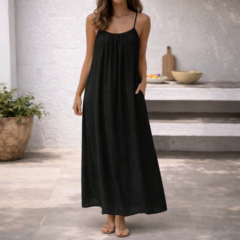Women's Spaghetti Strap Loose-Fit Linen Maxi Dress Pockets - Sole & Material View | Lavisa