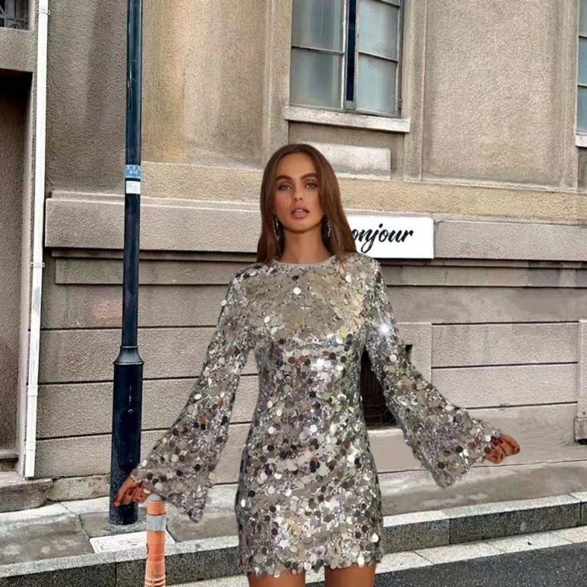 Women's Sparkling Sequin Long Sleeve Mini Cocktail Dress - Side Angle | Lavisa