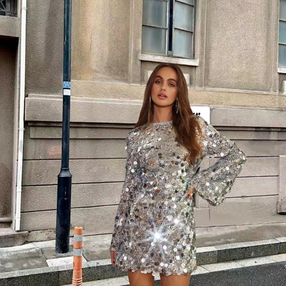 Women's Sparkling Sequin Long Sleeve Mini Cocktail Dress - Back View | Lavisa