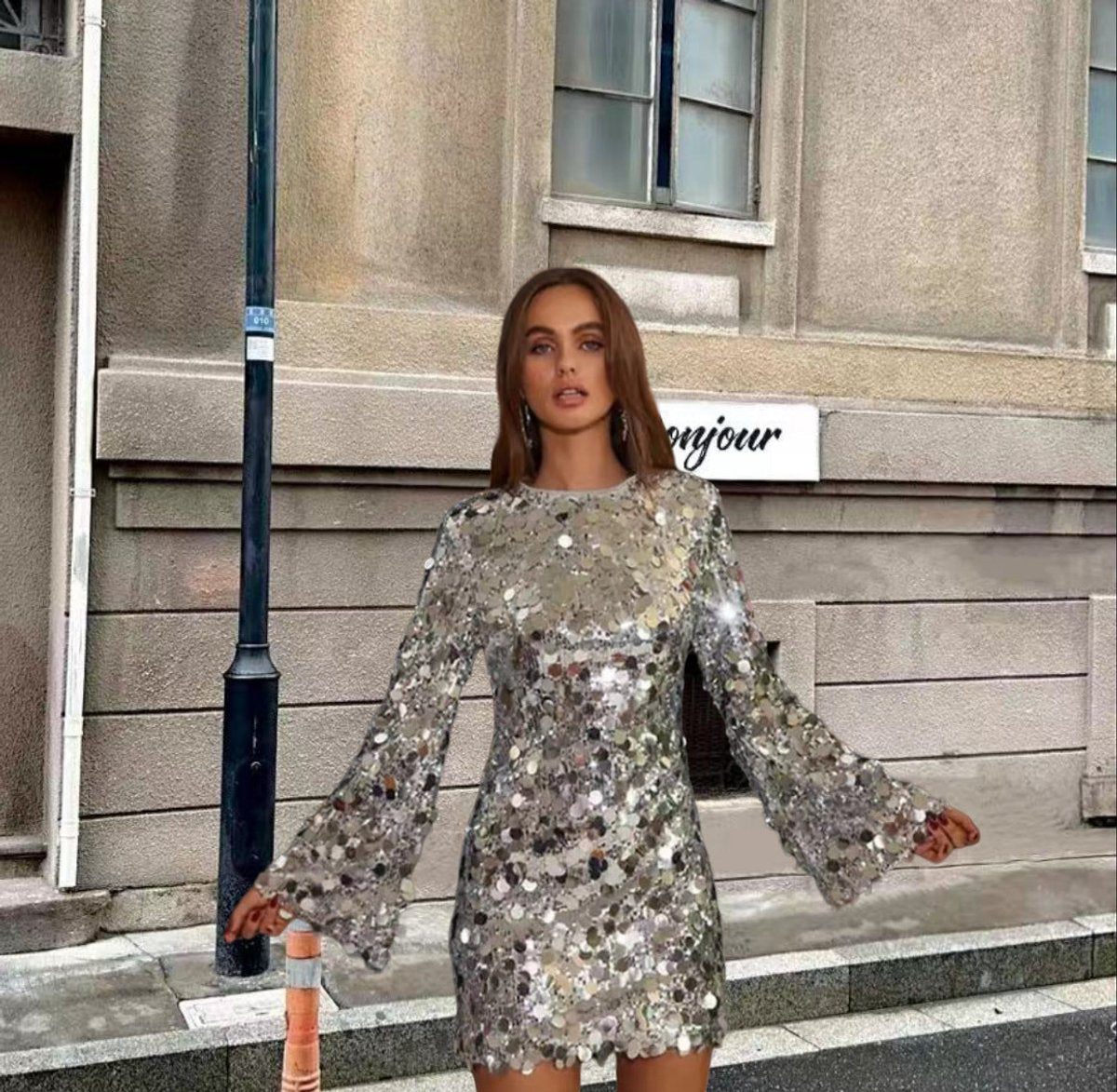 Women's Sparkling Sequin Long Sleeve Mini Cocktail Dress - Sole & Material View | Lavisa