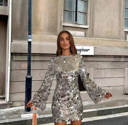 Women's Sparkling Sequin Long Sleeve Mini Cocktail Dress - Sole & Material View | Lavisa