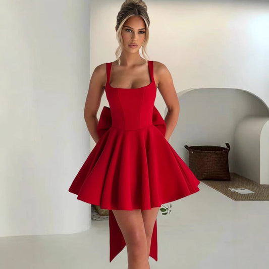 Lavisa - Women's Square-Neck Flared Mini Cocktail Dress Oversized Bow Back