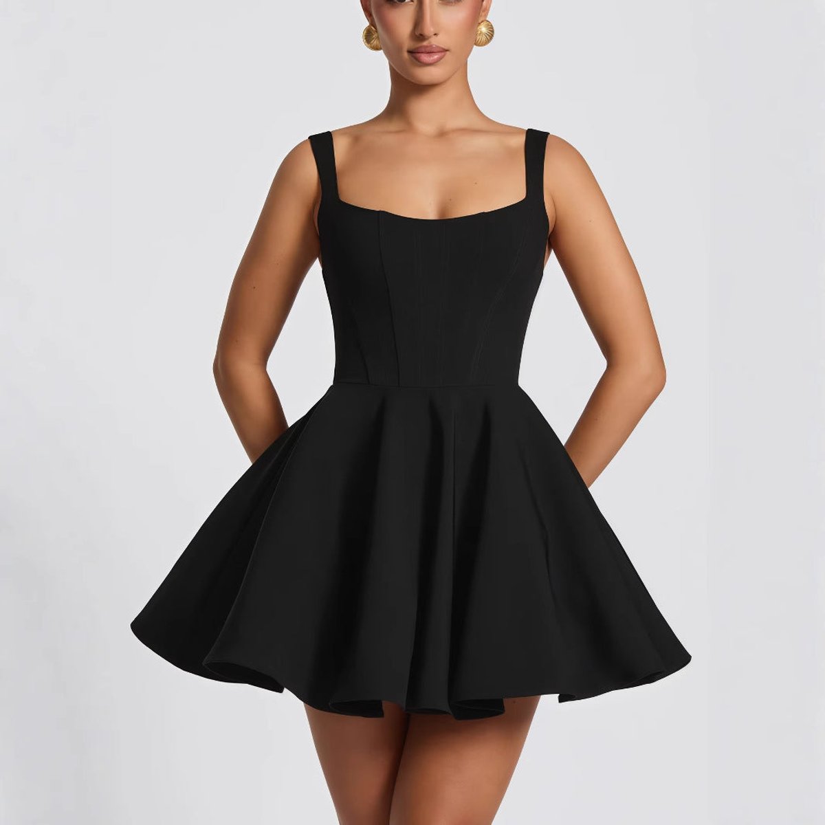 Women's Square-Neck Flared Mini Cocktail Dress Oversized Bow Back - Side Angle | Lavisa