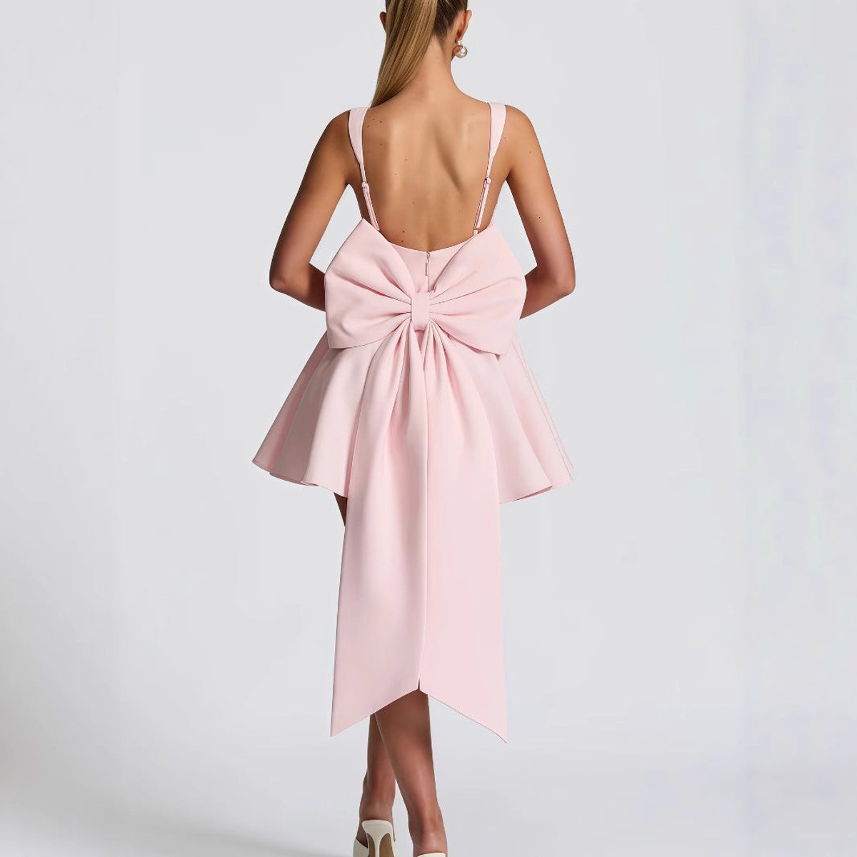 Women's Square-Neck Flared Mini Cocktail Dress Oversized Bow Back - Back View | Lavisa