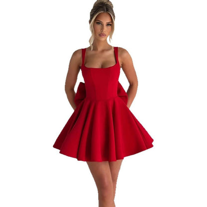 Women's Square-Neck Flared Mini Cocktail Dress Oversized Bow Back - Sole & Material View | Lavisa