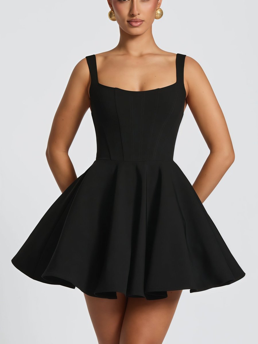 Women's Square-Neck Flared Mini Cocktail Dress Oversized Bow Back - Lifestyle & Model Angle | Lavisa