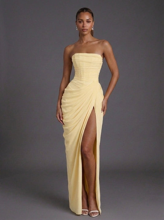 Lavisa - Women's Strapless Corset Ruched Thigh-Split Maxi Dress