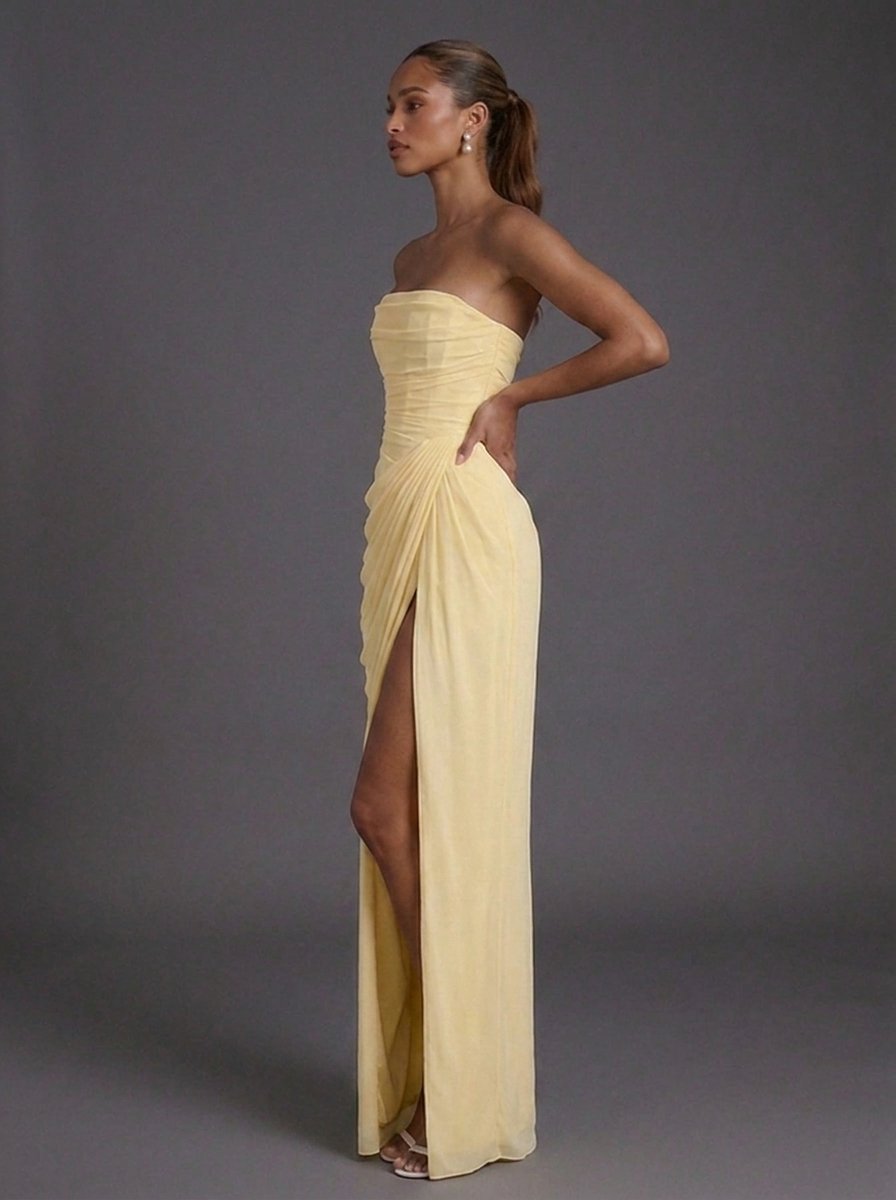 Women's Strapless Corset Ruched Thigh-Split Maxi Dress - Side Angle | Lavisa