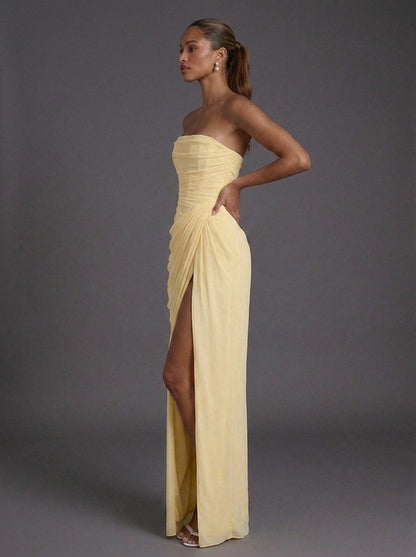 Women's Strapless Corset Ruched Thigh-Split Maxi Dress - Side Angle | Lavisa