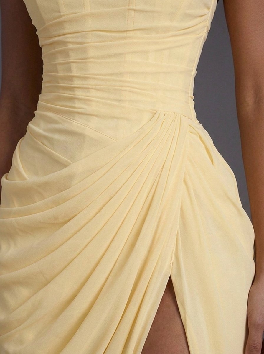 Women's Strapless Corset Ruched Thigh-Split Maxi Dress - Back View | Lavisa