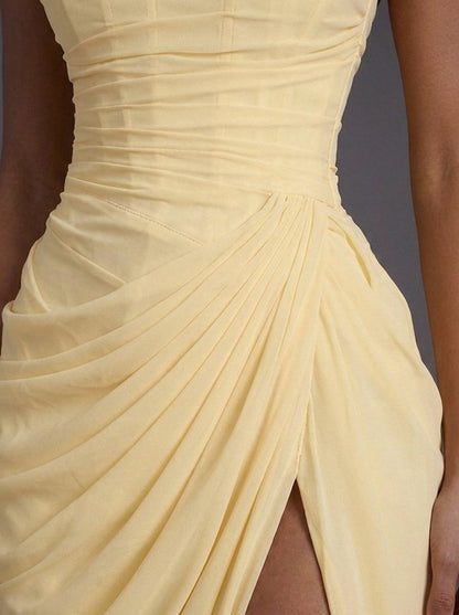 Women's Strapless Corset Ruched Thigh-Split Maxi Dress - Back View | Lavisa