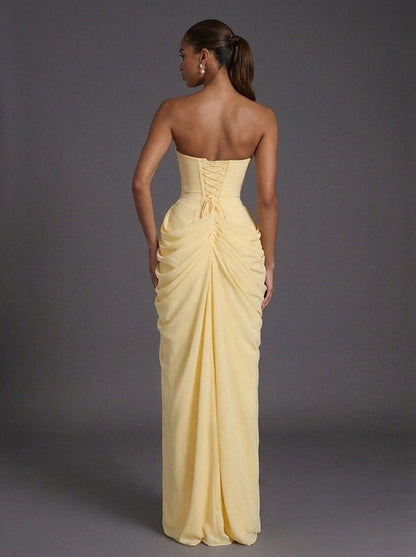 Women's Strapless Corset Ruched Thigh-Split Maxi Dress - Close-Up Texture & Detail | Lavisa