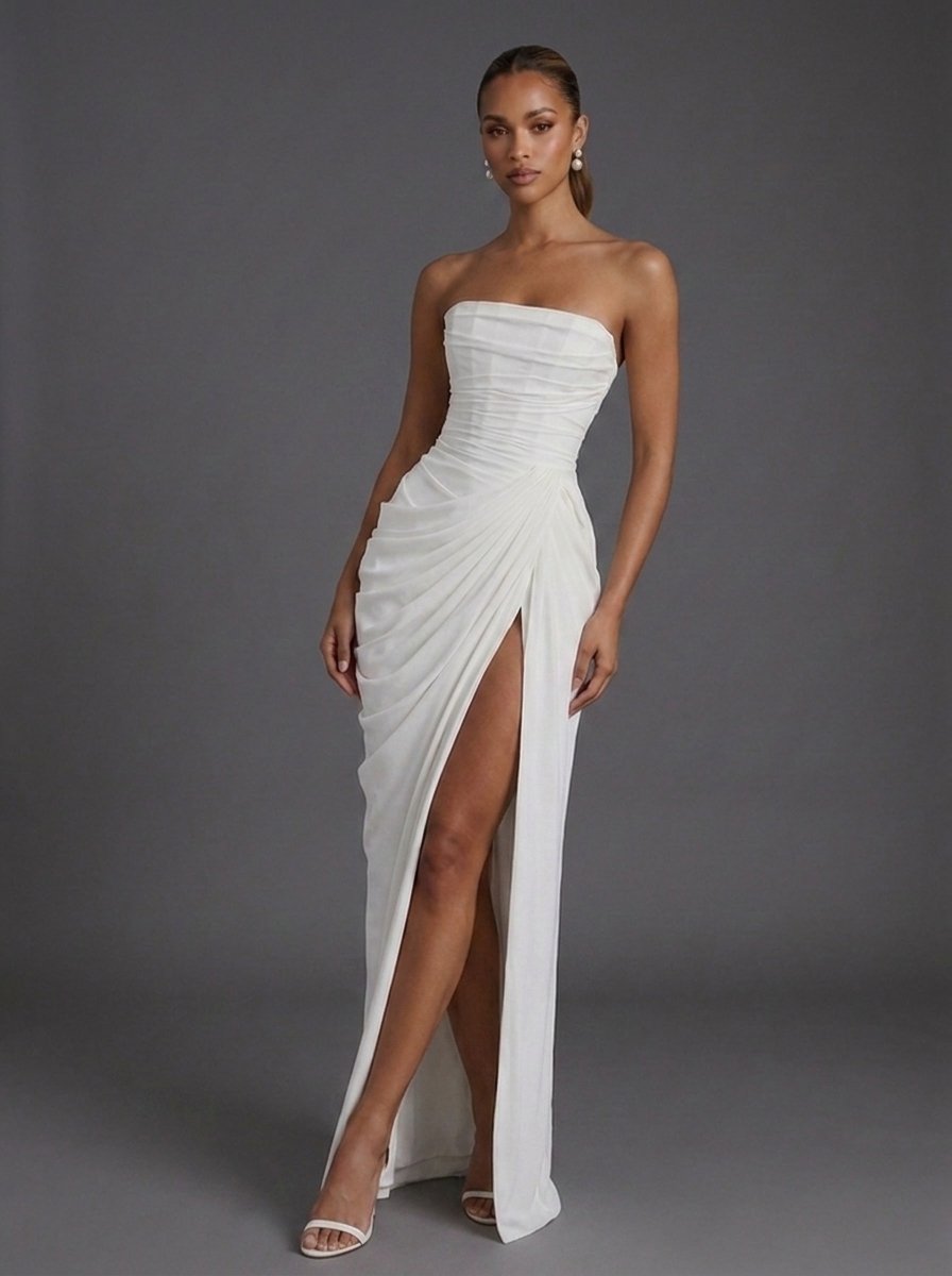 Women's Strapless Corset Ruched Thigh-Split Maxi Dress - Variant Angle | Lavisa
