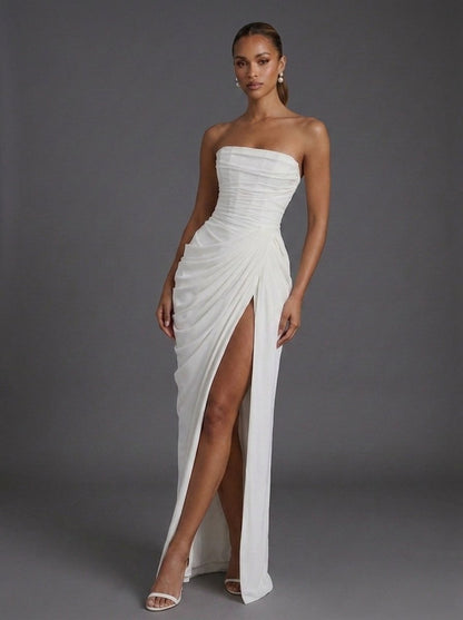 Women's Strapless Corset Ruched Thigh-Split Maxi Dress - Variant Angle | Lavisa