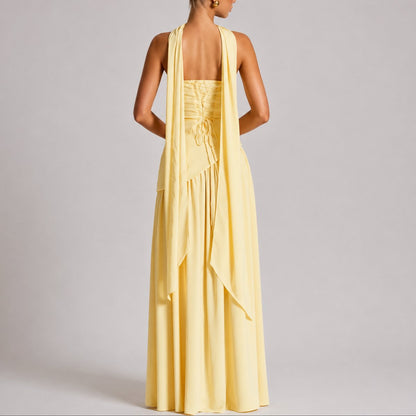 Women's Strapless Open-Back Split-Skirt Fall Wedding Guest Maxi Dress - Side Angle | Lavisa