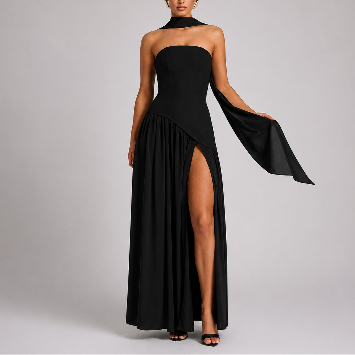 Women's Strapless Open-Back Split-Skirt Fall Wedding Guest Maxi Dress - Back View | Lavisa