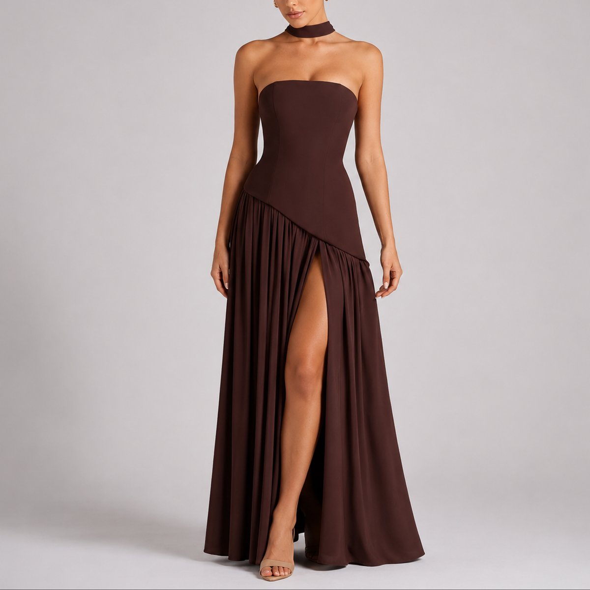 Women's Strapless Open-Back Split-Skirt Fall Wedding Guest Maxi Dress - Sole & Material View | Lavisa