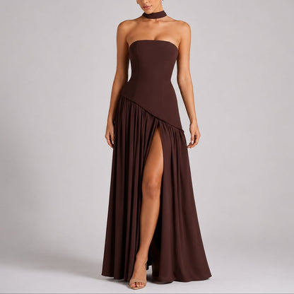 Women's Strapless Open-Back Split-Skirt Fall Wedding Guest Maxi Dress - Sole & Material View | Lavisa