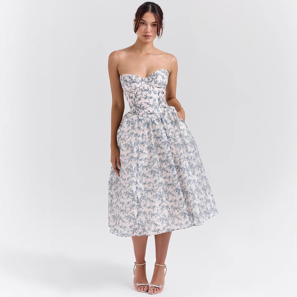 Women's Strapless Satin Corset Midi Cocktail Dress Pleated Skirt - Front View | Lavisa