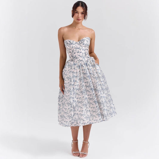 Women's Strapless Satin Corset Midi Cocktail Dress Pleated Skirt - Front View | Lavisa