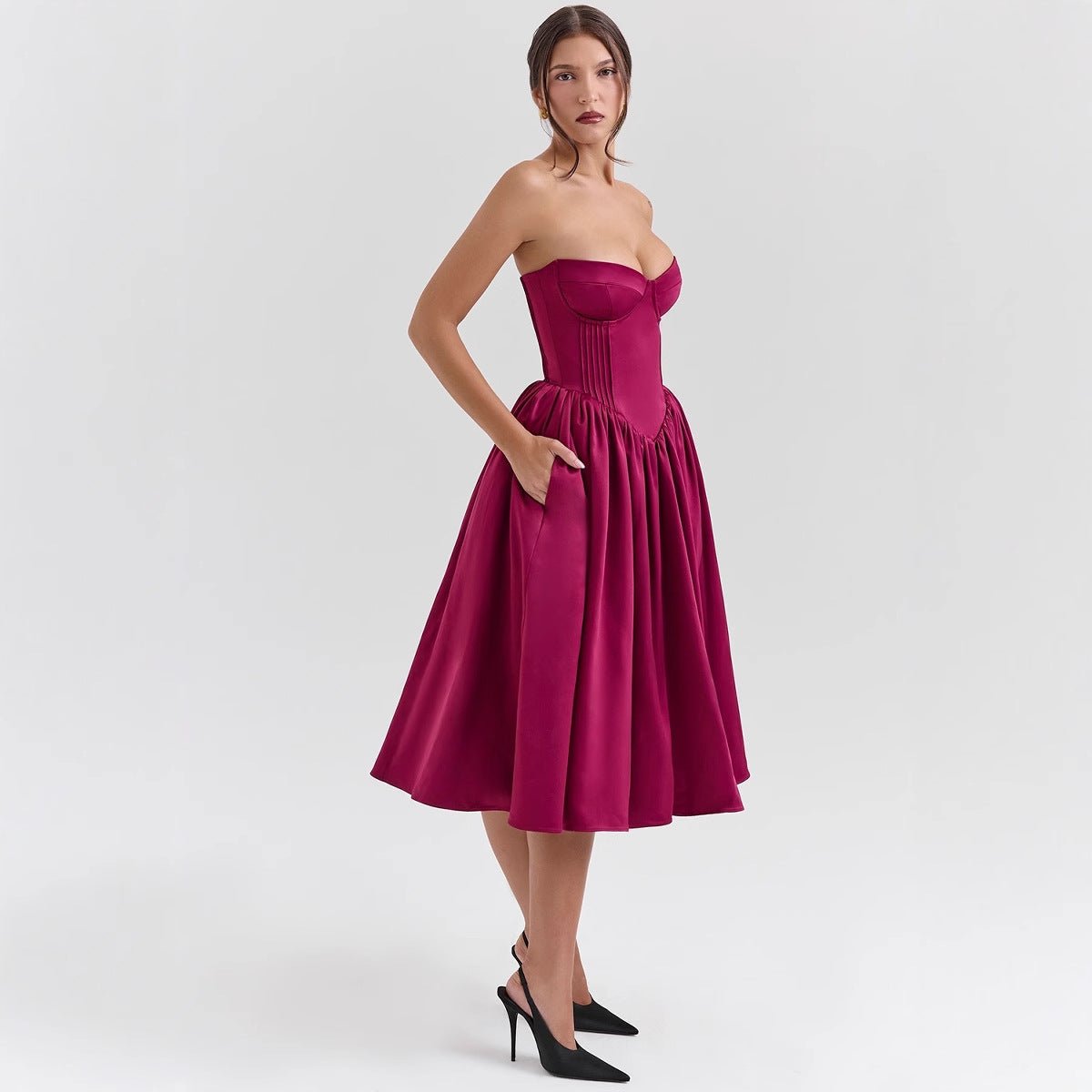 Women's Strapless Satin Corset Midi Cocktail Dress Pleated Skirt - Side Angle | Lavisa