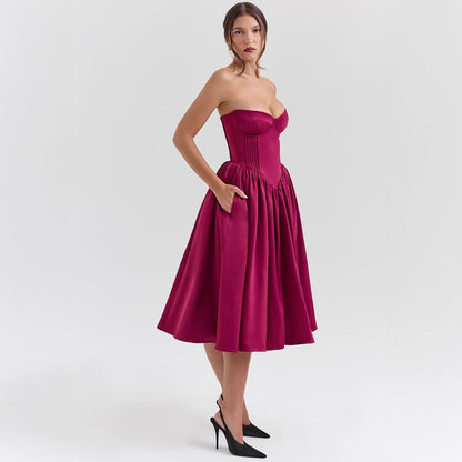 Women's Strapless Satin Corset Midi Cocktail Dress Pleated Skirt - Side Angle | Lavisa