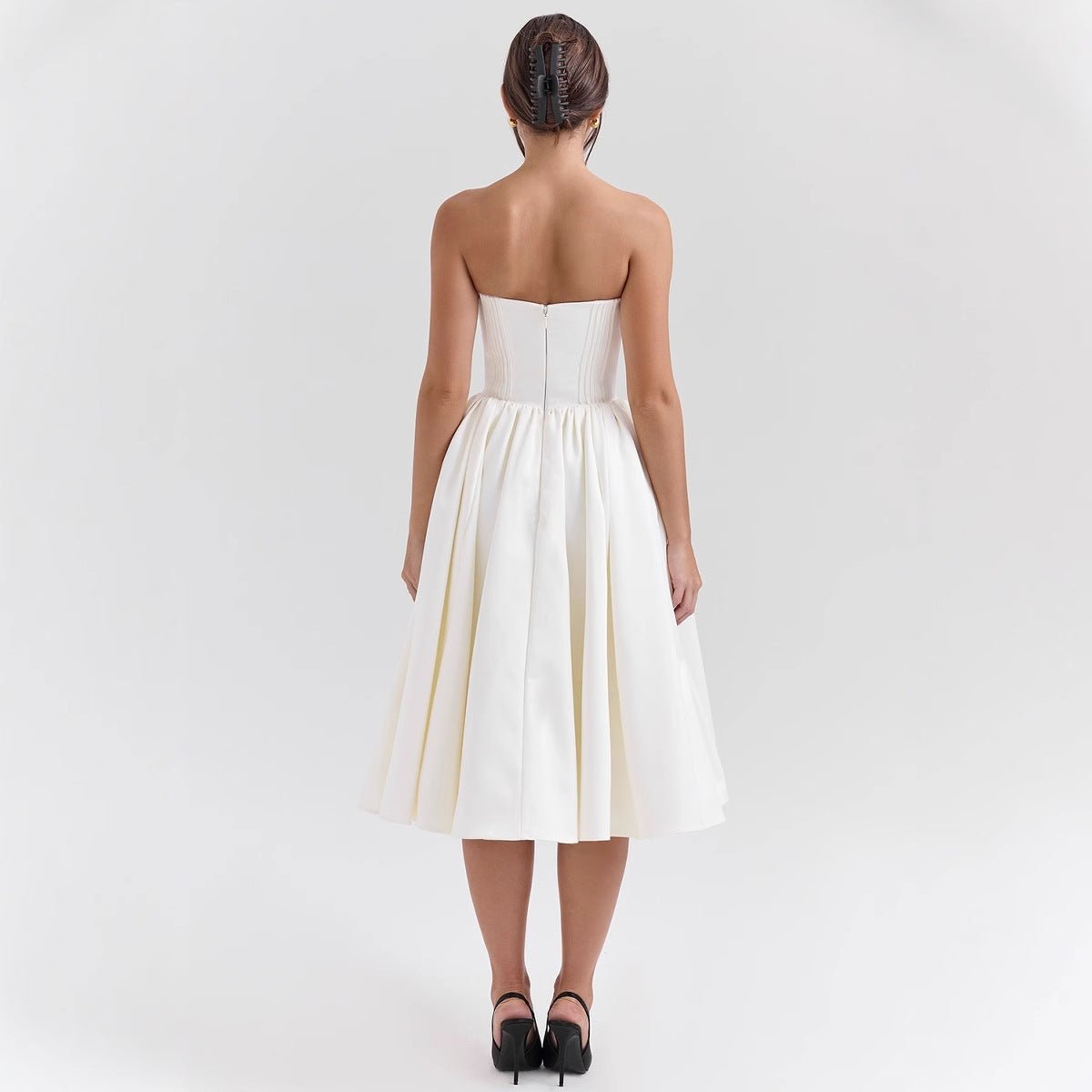 Women's Strapless Satin Corset Midi Cocktail Dress Pleated Skirt - Back View | Lavisa