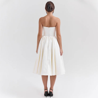 Women's Strapless Satin Corset Midi Cocktail Dress Pleated Skirt - Back View | Lavisa