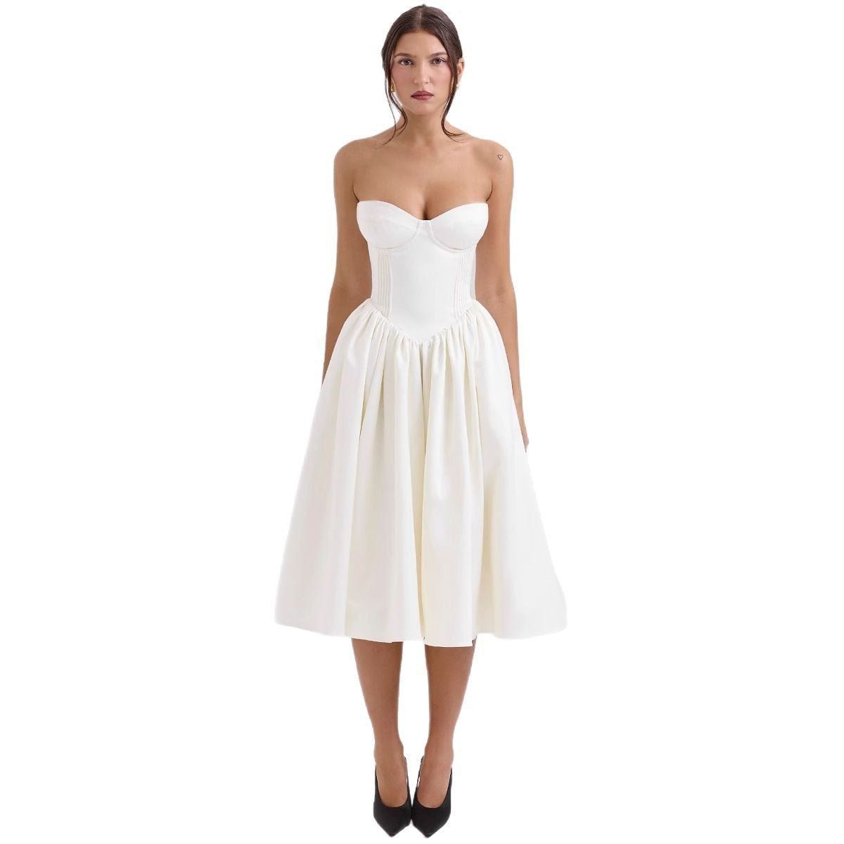 Women's Strapless Satin Corset Midi Cocktail Dress Pleated Skirt - Close-Up Texture & Detail | Lavisa